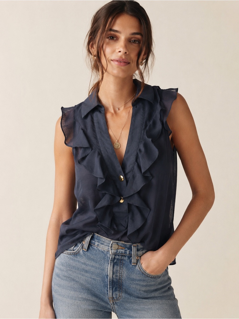 Sunner Navy Ruffle Sleeveless Blouse Sheer Cotton Top Small